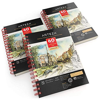 Arteza Mixed Media Sketchbooks, Pack of 3, 5.5 x 8.5 Inches, 60-Sheet Drawing Pads with 110lb Paper, Spiral-Bound, Art Supplies for Wet and Dry Media