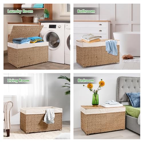 PrimeZone Double Laundry Hamper with Lid - 160L (42 Gallon) Natural Seagrass Hand Woven Clothes Laundry Basket with 2 Section Removable Liner, - WoodArtSupply