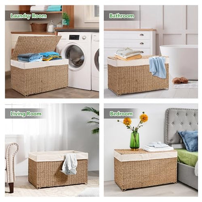 PrimeZone Double Laundry Hamper with Lid - 160L (42 Gallon) Natural Seagrass Hand Woven Clothes Laundry Basket with 2 Section Removable Liner, - WoodArtSupply