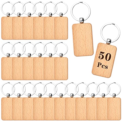 Aemygo 50 Pieces Wooden Keychain Blanks, Rectangle Wood Engraving Blanks Key Chain Unfinished Wooden Key Ring Blank Key Tag for DIY Gift Crafts - WoodArtSupply