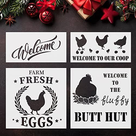 4 Pieces Hen Chicken Farmhouse Stencils Farm Fresh Eggs Stencil Rustic Farmhouse Reusable Stencil Templates DIY Chicken Country Farmhouse Home Decor CIEMODA