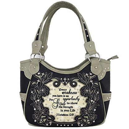 Embroidered Bible Verse 2 Corinthians 12:9 Purse Scripture Western Handbag Women Shoulder Bags Wallet Set (Black/Grey) - WoodArtSupply