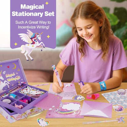 homicozy Unicorn Kids Stationary Set for Girls, Unicorns Gifts For Girls Ages 5 6 7 8 9 10 11 Year Old, Letter Writing Crafting Kit with Storage Box, - WoodArtSupply