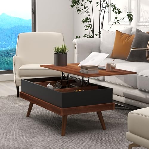 HOMCOM Lift Top Coffee Table with Hidden Compartment, 39.25" Wooden Center Table with Safety Hinges and Wood Legs for Living Room, Home Office,