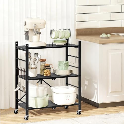 Himix Storage Shelves with 6 Hooks, 3 Tier Foldable Shelf with Wheels, Metal Storage Shelving Unit Rolling Cart, Utility Shelf Rack Organization Himix