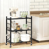 Himix Storage Shelves with 6 Hooks, 3 Tier Foldable Shelf with Wheels, Metal Storage Shelving Unit Rolling Cart, Utility Shelf Rack Organization Himix