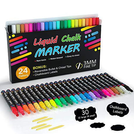 Shuttle Art Chalk Markers, 24 Vibrant Colors Liquid Chalk Markers Pens for Chalkboards, Windows, Glass, Cars, Erasable, 3mm Reversible Fine Tip with Shuttle Art
