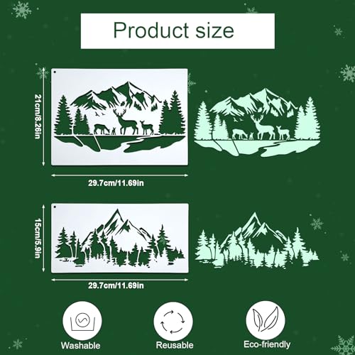 6pcs Christmas Stencils, Mountain Stencils for Painting on Wood Burning Template Reusable Nature Deer Tree Merry Christmas Stencil for Craft Wall Furniture Decor