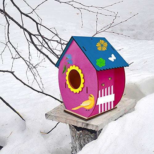 Glintoper Art Craft Wood Toys for Kids, 4 Pack DIY Bird House Kit Painting Puzzle DIY Wooden Assembly, Build and Paint Birdhouse, Include Paints &