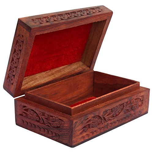 ITOS365 Handmade Wooden Keepsake Storage Case Jewelry Box Jewel Organizer - Floral Hand Carvings with Brass Inlay - Gifts for Women, 6 x 4 Inches ITOS365