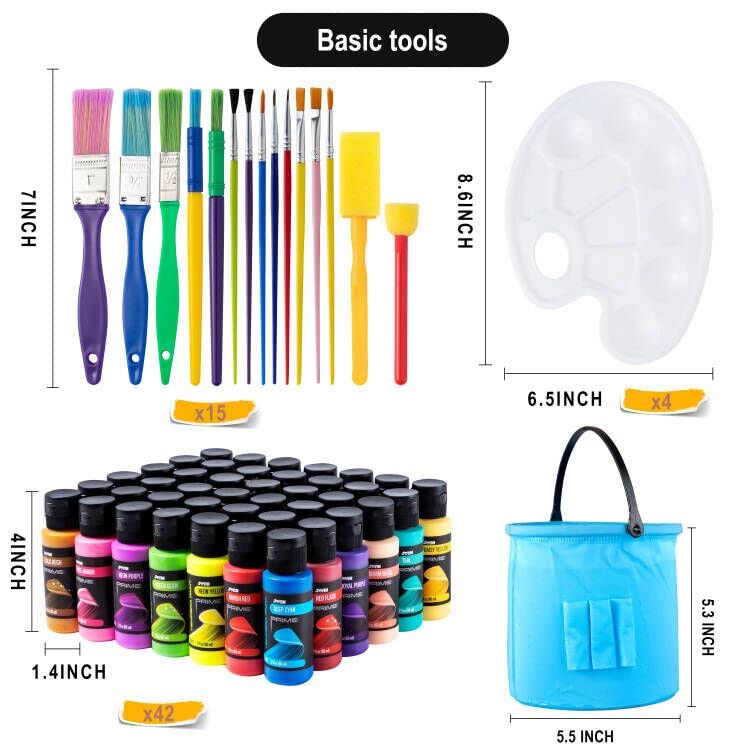 JOYIN Washable Paint for Kids 42PCS - Non-Toxic- Tempera Paint Set (2 oz Each), Liquid Paint with 15 Brushes and 4 Palettes - Paint for Arts and JOYIN