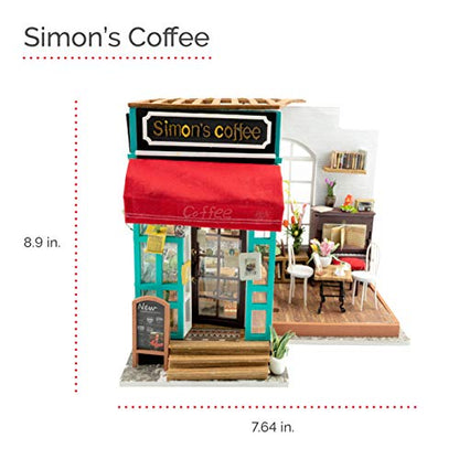 Hands Craft DIY Miniature Dollhouse Kit - Simon's Coffee 3D Model Tiny House Building with LED Lights Wood Prefabricated Pieces Puzzle 1:24 Scale