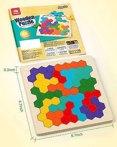 Coogam Wooden Tangram Puzzle, Color Shape Pattern Jigsaw Brain Teasers 3D Logic IQ Game Geometric Blocks Montessori STEM Educational Toys Gift for Coogam