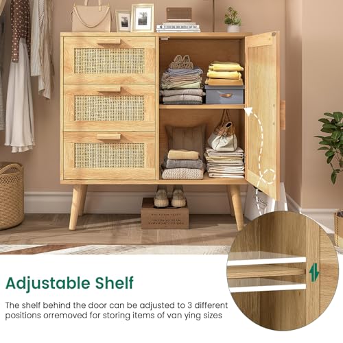 Iwell Storage Cabinet with Rattan Door & 3 Drawers, Rattan Cabinet with Adjustable Shelf, Bathroom Storage Cabinet, Accent Cabinet for Living Room,