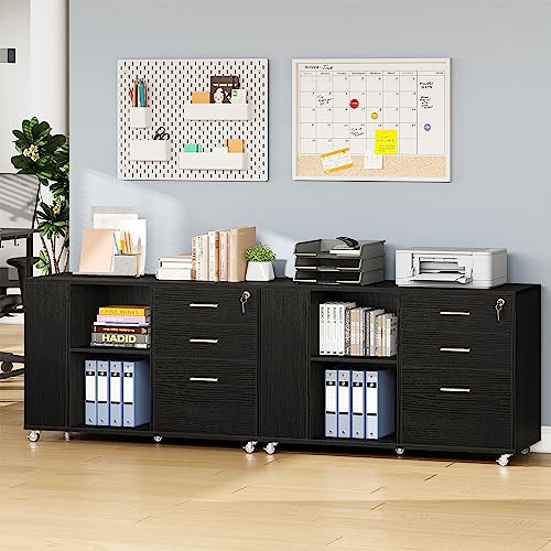 YITAHOME Mobile Wood File Cabinet, 3 Drawer Lateral Filing Cabinet, Black