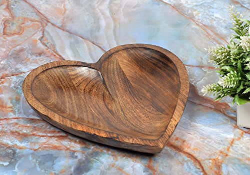 EDHAS Mango Wood Heart Curved Shaped Decorative Bowl for Table Centerpieces Home Party Wedding Décor (10" x 10" x 1.5") - WoodArtSupply