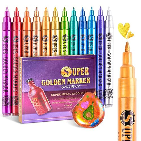 LIGHTWISH Metallic Paint Pens Glitter Markers,Sparkle Ultra Fine Point 0.7mm Acrylic Paint Markers,Super Golden Metallic Markers for Black Paper LIGHTWISH