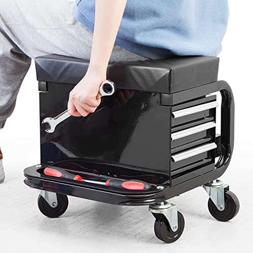 HPDMC Mechanic Stool with Wheels, 350lbs Capacity Workshop Creeper Seat with Tool Storage, Heavy Duty Rolling Tool Box Chair with Drawers HPDMC