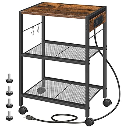 HOOBRO Industrial Printer Stand, 3-Tier Mobile Printer Table, Rolling Cart with Power Outlets and USB Ports, Home Printer Stand with 2 Hooks, for Office, Living Room, Rustic Brown BF22UPS01