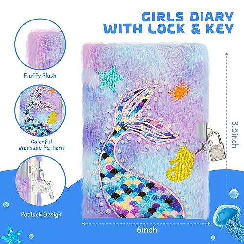 homicozy Mermaid Diary for Girls with Lock and Keys,Tie-Dye Fuzzy Journal for Kids with 160 Lined Pages,Fluffy Secret Notebook for Writing and homicozy