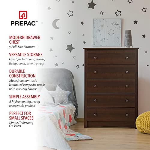 Prepac Fremont Superior 5-Drawer Chest for Bedroom - Spacious and Stylish Chest of Drawers, Measuring 16"D x 31.5"W x 45.25"H, In Espresso Finish