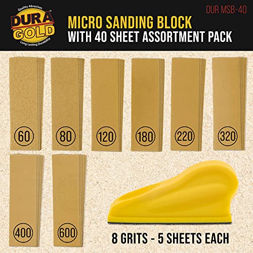 Dura-Gold Micro Hand Sanding Block Kit, 3.5” x 1” Pad, Hook & Loop Backing, 40 Sandpaper Sheets, 5 Each 60, 80, 120, 180, 220, 320, 400, 600 Grit - Dura-Gold