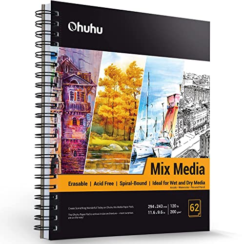 Ohuhu Mixed Media Paper Pad: 11.6"x9.6" Mix Media Sketchbooks, 120 LB/200 GSM Heavyweight Papers, 62 Sheets/124 Pages, Spiral Bound Mixed Media Art - WoodArtSupply