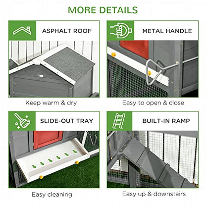 PawHut 118" Extra Large Chicken Coop with Asphalt Roof, Wooden Hen House with Slide-Out Tray, Quail Hutch with Nesting Box, Gray - WoodArtSupply