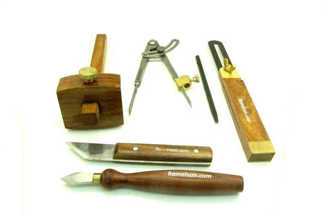 UJ Ramelson 6pc Complete Professional Wood Marking/Striking Carving Drawing Knife Set with Sliding Bevel and Marking Gauge & Wing Compass with UJ Ramelson Co