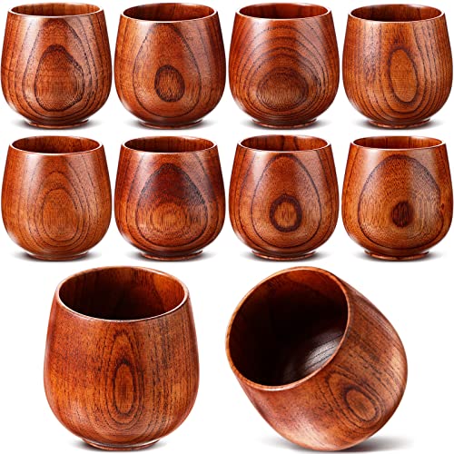 Gerrii 10 Pieces Wooden Tea Cup Wooden Coffee Mug Water Japanese Tea Cup Solid Wood Drinking Cup Teacup Glass for Wine, Beer, Milk, Hot Drinks, 6 oz Gerrii