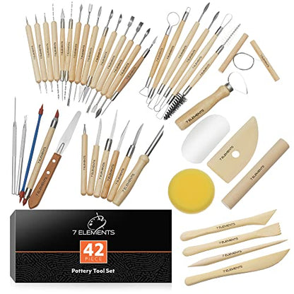 7 Elements 42-Piece Pottery, Clay and Sculpting Tool Set, Complete Kit for Modeling, Carving, and Ceramics - WoodArtSupply