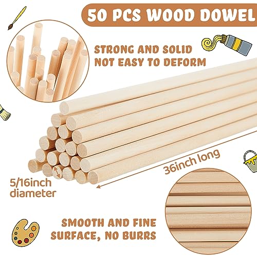 Leinuosen 50 Pcs Wooden Dowels 36 Inch Long Wooden Dowel Rods Unfinished Wooden Dowel for Crafts Dowel Rods Wood Sticks Unpainted Dowel Rods for Leinuosen