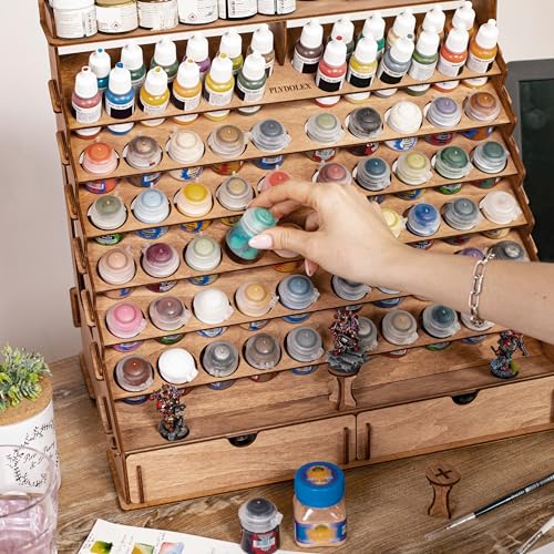 Plydolex Wooden Paint Organizer for 74 Bottles of Paints and 14 Paint Brushes - Paint Rack Organizer with 2 Cabinets for Art Tools and 6 Miniature - WoodArtSupply