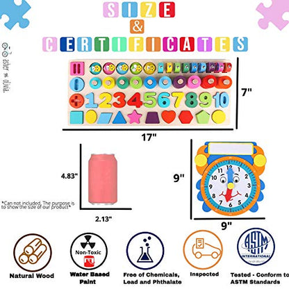 Wooden Montessori 7 - 1 Puzzle Set–Shape Sorter Counting Game, Preschool Education Math Stacking Block Learning Wood Math, Number, Shape, Picking, - WoodArtSupply