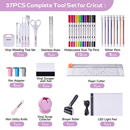 GO2CRAFT 37Pcs Essential Tool Set for Cricut Machine, Ultimate Tool with 7Pcs Weeding Tools for Vinyl, LED Light Pad, 12'' Paper Cutter, Vinyl Scrap GO2CRAFT