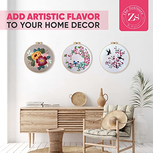 ZENSTORE 3 Sets Embroidery Kit For Beginners Adults - 3 Plastic Hoops And 3 Flowers Hand Embroidery Patterns - Needlepoint Kits For Adults - Easy The ZenStore