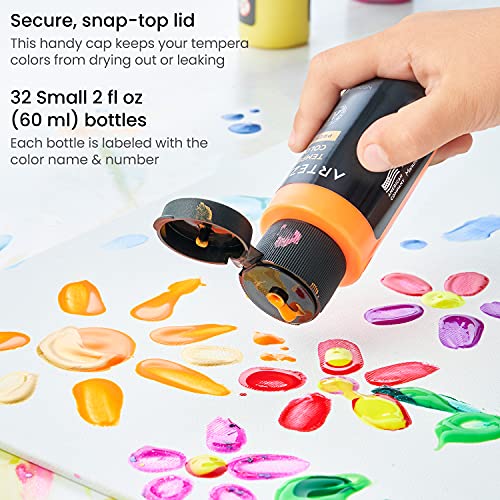 ARTEZA Tempera Washable Paint for Kids, Set of 32, 2.03oz/60ml Bottles, Poster Paint for Craft Projects, Sponge & Finger Painting, Includes Neon, ARTEZA