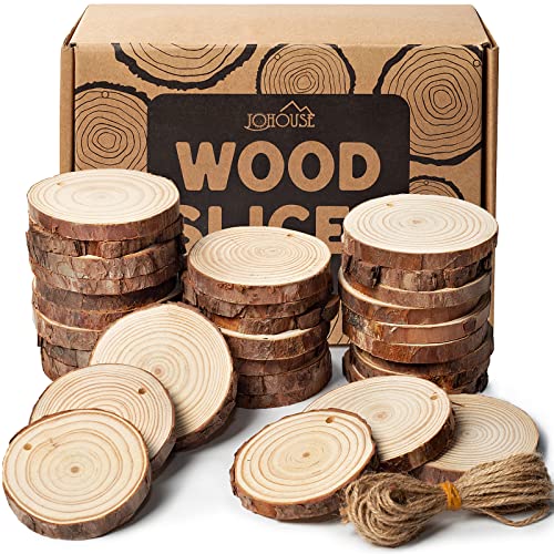 JOHOUSE Natural Wood Slices, 40PCS 2.8"-3.1" Unfinished Natural Wood Slices Circles with Hole Wooden Circles, 32.8ft Hemp Rope, DIY Craft Christmas rnaments