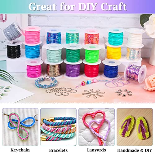 cridoz Lanyard String, Boondoggle String Kit with 20 Rolls Plastic Lacing Cord and 50Pcs Keychain lanyard Accessories, Gimp String Lanyard Weaving cridoz