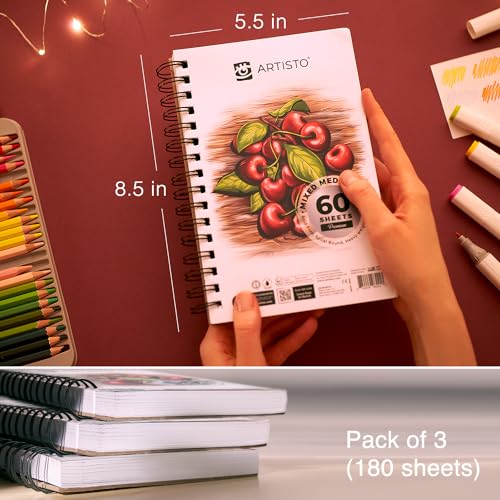 ARTISTO Premium Mixed Media Sketchbooks: Pack of 3 (180 Sheets), 5.5x8.5 inches, 160 GSM, Spiral Bound Sketch Pads, Suitable for a Variety of Wet and - WoodArtSupply