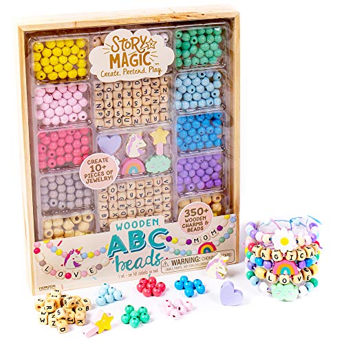 Story Magic Wooden ABC Bead Kit, Premium Wood Jewelry Making Kit, 350+ Wooden Beads & Charms for Beading Bracelets, Great for Playdates & Sleepovers, Story Magic