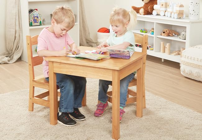 Melissa & Doug Solid Wood Table and 2 Chairs Set - Light Finish Furniture for Playroom,Blonde - WoodArtSupply