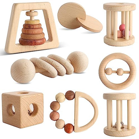 Wooden Baby Toy 8pcs, Montessori Toys for Babies 1-3 Years Old, Wooden Rattles Toy Set for Infant Grasping, Sensory Development, Gift for Baby Boys MLYEY
