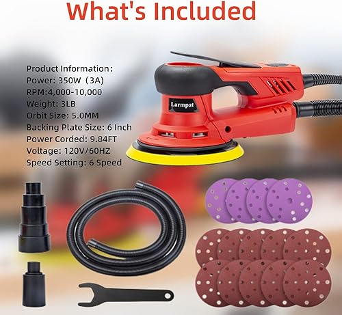 Electric Random Orbital Sander 6-Inch with 350W Brushless Motor,10000RPM,Powerful& Low Vibration for Woodworking,Car Polishing,Carpentry