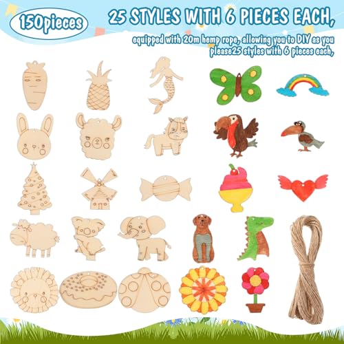 Geetery 150 Pcs Wood Cutouts Ornaments for Crafts Wooden DIY Painting Kits for Kids Craft and Art Supplies Party Birthday Gift Favors Boys Girls - WoodArtSupply