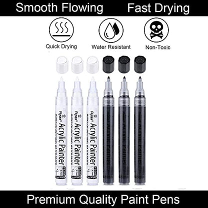 Black Paint Pens, 6 Pack 0.7mm Acrylic Black Permanent Marker ,White Paint Pens for Rock Painting, Stone,Wood, Plastic, Ceramic, Glass, Metal Canvas, - WoodArtSupply