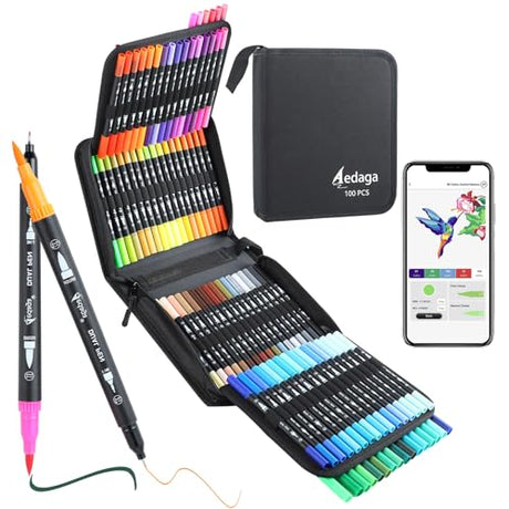 AEDAGA 100 Colors Numbered Dual Tip Brush Pens with Free App, Fine and Brush Tips Colored Pens for Adults and Kids, Coloring Markers for Coloring AEDAGA
