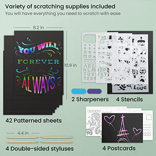 Arteza Scratch Paper, Set of 42 Sheets, 10.9 x 8.2 Inches, Includes 4 Unique Patterns, 4 Scratchers, 4 Stencils, 4 Post Cards, Art Supplies for Craft ARTEZA