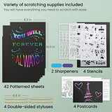 Arteza Scratch Paper, Set of 42 Sheets, 10.9 x 8.2 Inches, Includes 4 Unique Patterns, 4 Scratchers, 4 Stencils, 4 Post Cards, Art Supplies for Craft ARTEZA