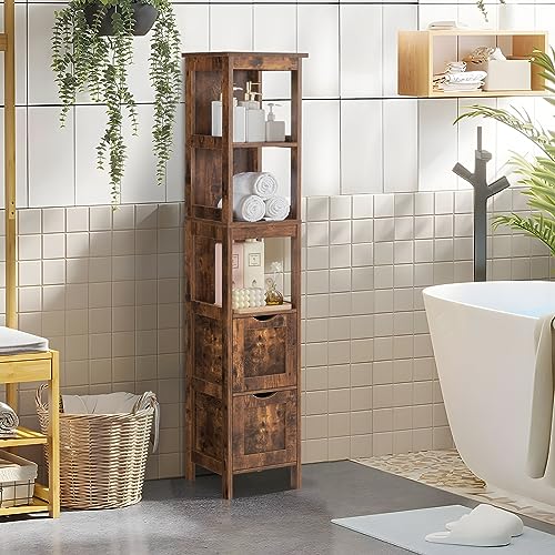 usikey 55.9" Storage Cabinet with 2 Drawers, Wooden Bathroom Floor Cabinet with 3 Open Shelves,for Living Room, Kitchen, Rustic Brown - WoodArtSupply